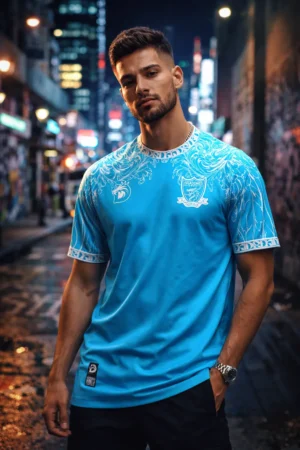 10 CAMISETA BLANCO Y CELESTE HOJAS