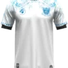 CAMISETA BLANCO Y CELESTE HOJAS